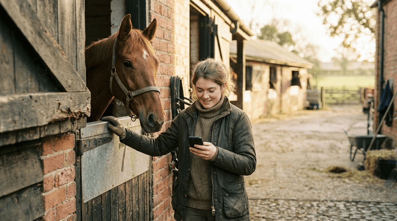 A groom on a sunlit yard checking her phone beside a horse